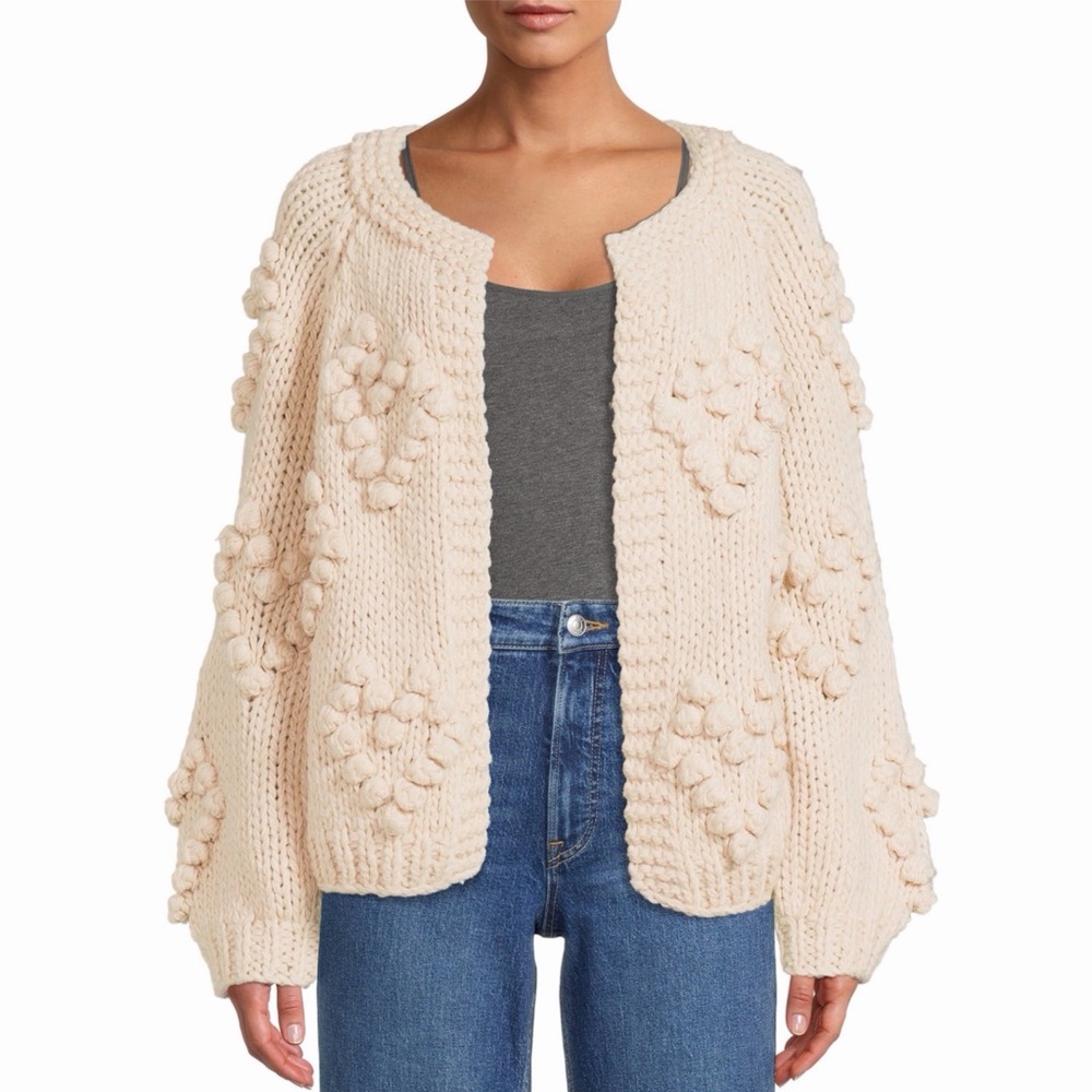 Chicwish Knit Your Love Cardigan Bauble Heart Sweater L Ivory Cream Cottage Core